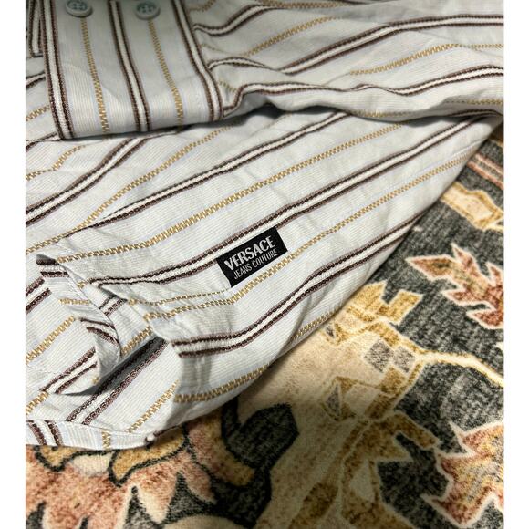 Vintage Versace Button Down Collar Shirt 90s Designer pin stripe Top Blouse y2k - Picture 3 of 15